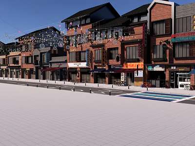 Vibrant Commercial Street With Multi Story Brick Buildings Shop Signboards And Decorative Light Strings 3d model