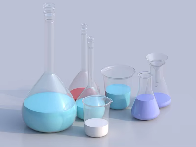 Industrial Glass Equipment With Flasks Beakers And Colored Liquids For Laboratory Use 3d model