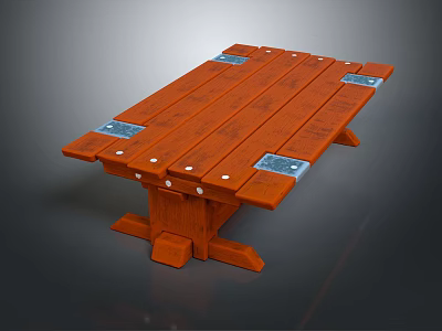 Durable Orange Wooden Outdoor Bench With Metal Connectors And Flat Seat Surface 3d model