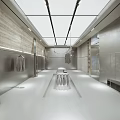 Modern Clothing Store Interior With White Flooring Hanging Lights Clothing Racks And Central Display Table