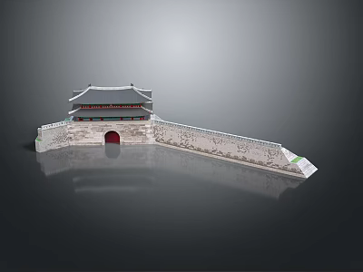 Traditional Chinese Architecture With Gate Tower City Wall Red Gate And Gray Tile Roof 3d model
