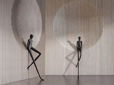 Two Black Modern Abstract Sculptures Leaning On Striped Wooden Wall With Shadow Effects 3d model
