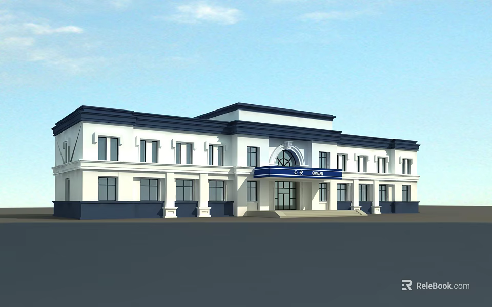 Modern Two Story Office Building With White Exterior Blue Roof And Arched Entrance 3d model 