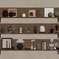 Decorative Ornament Arrangement on Wooden Shelves with Ceramic Jars Photo Frames and Sculptures