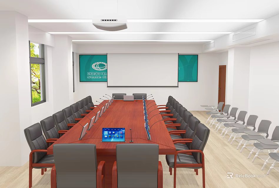 Modern Conference Room Interior With Long Wooden Table Black Chairs Projection Screen And Green Screens 3d model 
