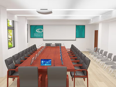 Modern Conference Room Interior With Long Wooden Table Black Chairs Projection Screen And Green Screens 3d model