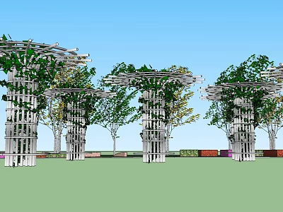 Outdoor Pergola Design With Green Plants Trees And Lawn Under Blue Sky 3d model