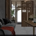 Serene Hotel Lounge Area With Wooden Table Potted Bamboo And Soft Lighting