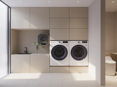 Modern Laundry Room Interior With Two Washing Machines Sink And Cabinets 3d model