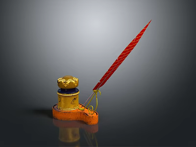 Classic Red Feather Quill And Gold Inkwell Set With Blue Decoration On Orange Base 3d model