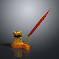 Classic Red Feather Quill And Gold Inkwell Set With Blue Decoration On Orange Base