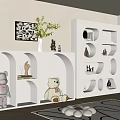 White Decorative Cabinet With Unique Cutout Design Teddy Bears And Plant Vase Decor
