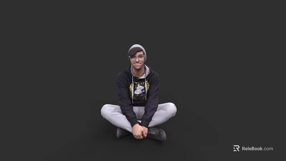 A Man Sitting On Floor Wearing Black Hoodie Gray Pants And Glasses 3d model 