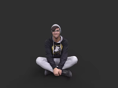 A Man Sitting On Floor Wearing Black Hoodie Gray Pants And Glasses 3d model