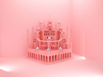 Pink Detached Villa Featuring Spires Towers Arched Windows Dome Decorations And Symmetrical Structure 3d model