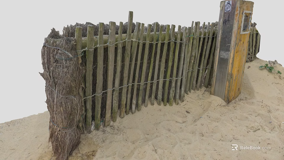 Wooden Fence Made Of Poles And Wire On Sandy Ground 3d model 