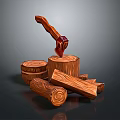 Wooden Axe Stuck In Wooden Stump With Stacked Logs And Firewood Pieces