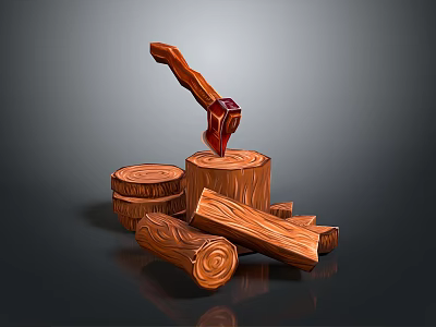 Wooden Axe Stuck In Wooden Stump With Stacked Logs And Firewood Pieces 3d model