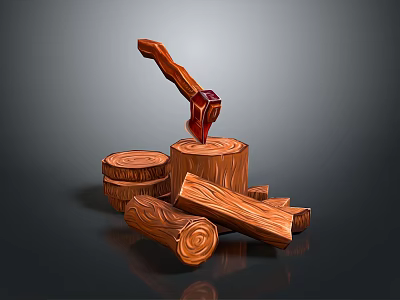 Wooden Axe Stuck In Wooden Stump With Stacked Logs And Firewood Pieces 3d model Wooden Axe Stuck In Wooden Stump With Stacked Logs And Firewood Pieces 3d model
