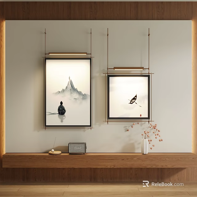 Abstract Paintings Featuring Human Figure Mountain Bird In Oriental Ink Style Living Room Wall Decor 3d model 
