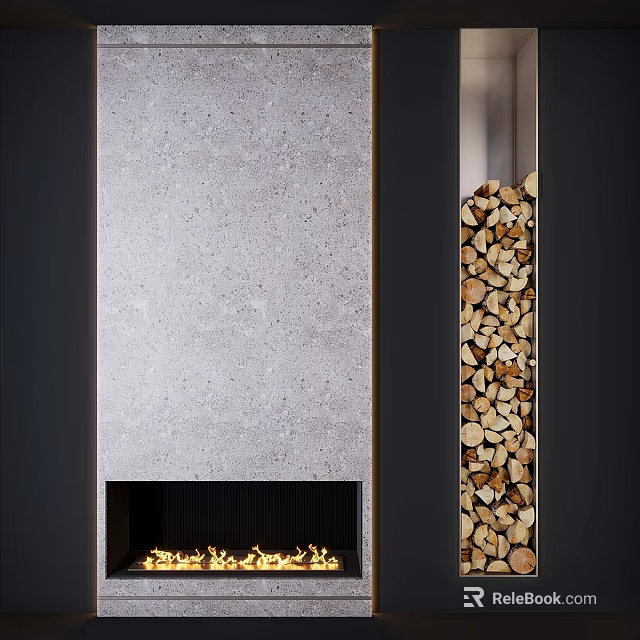 Modern Stone Fireplace Design With Smooth Surface And Neatly Stacked Firewood 3d model 