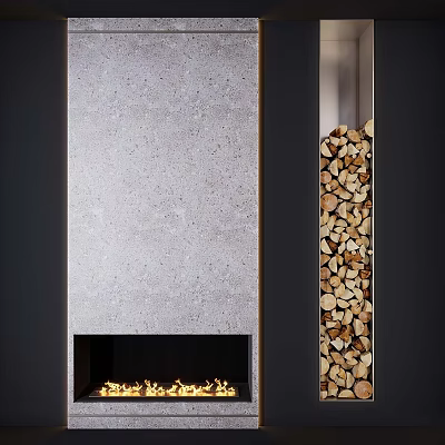 Modern Stone Fireplace Design With Smooth Surface And Neatly Stacked Firewood 3d model