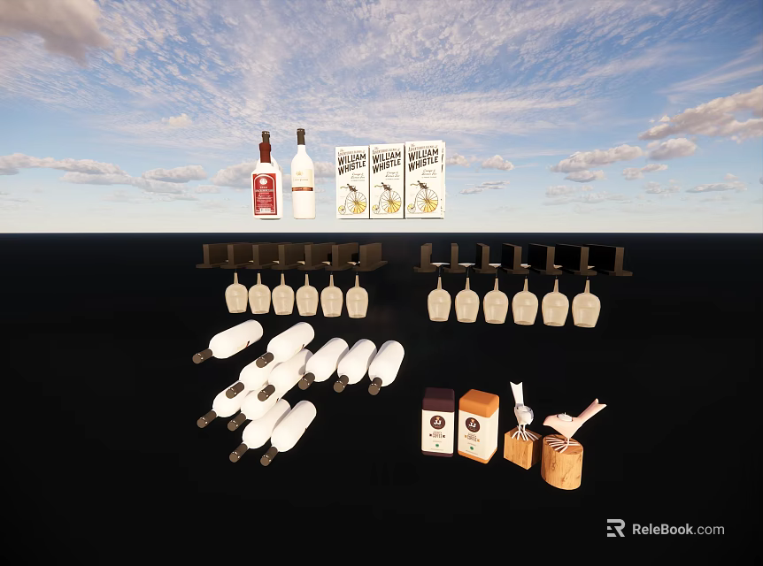 Modern Decorative Ornament Set with Bottles Cards Hooks and Wooden Figurines 3d model 