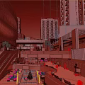Modern Commercial Street With Multi story Buildings Shops Pedestrians And Bright Night Lighting
