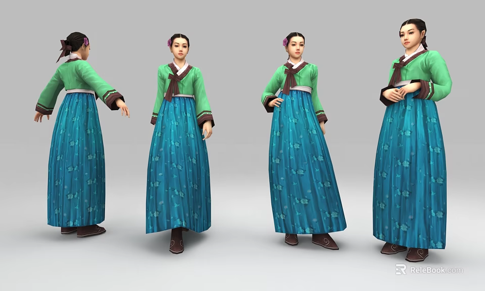 Traditional Female Characters In Cultural Attire With Floral Motifs And Diverse Poses 3d model 