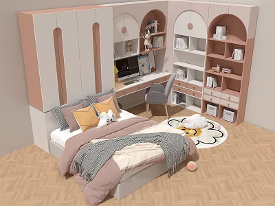 Tatami Bedroom Interior With Modern Cozy Bed Desk Chair And Built In Storage Cabinets 3d model