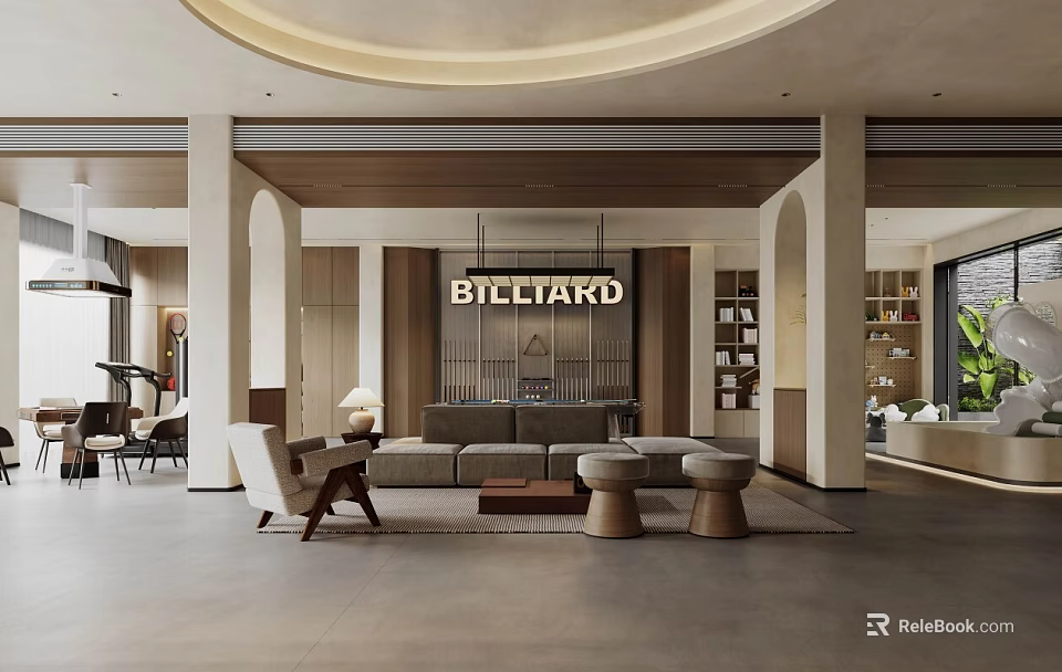 Modern Recreation Room Interior With Billiard Table Sofa Coffee Table And Bookshelves 3d model 