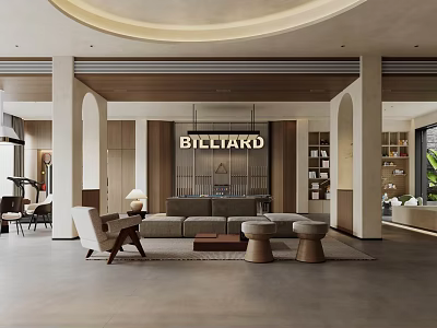 Modern Recreation Room Interior With Billiard Table Sofa Coffee Table And Bookshelves 3d model