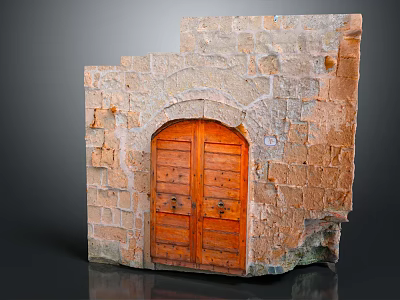 Antique Entrance Gate With Stone Wall And Arched Wooden Double Door Design 3d model