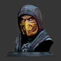 Hooded Warrior 3D Bust Sculpture With Yellow Mask And Detailed Facial Features On Dark Background