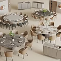 Elegant Private Dining Room Interior With Round Tables Comfortable Chairs And Green Plants