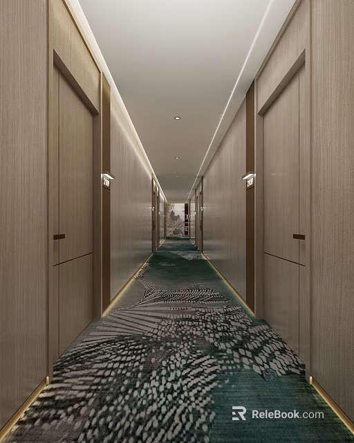 Modern Hotel Corridor With Wooden Doors Green Leaf Pattern Carpet And Linear Ceiling Lights 3d model