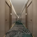Modern Hotel Corridor With Wooden Doors Green Leaf Pattern Carpet And Linear Ceiling Lights 3d model