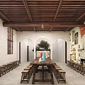 Indoor Vintage Living Space With Wooden Furniture Archway Red Lantern Green Plant And Wall Art