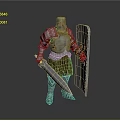 Medieval Armored Knight In Silver Metallic Armor Holding Sword And Shield With Brown Decoration