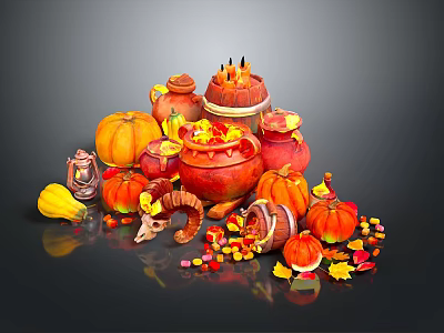 Orange Pumpkins Arranged With Clay Pots Autumn Leaves And Ram's Horn On Dark Surface 3d model