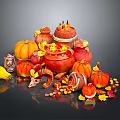Orange Pumpkins Arranged With Clay Pots Autumn Leaves And Ram's Horn On Dark Surface