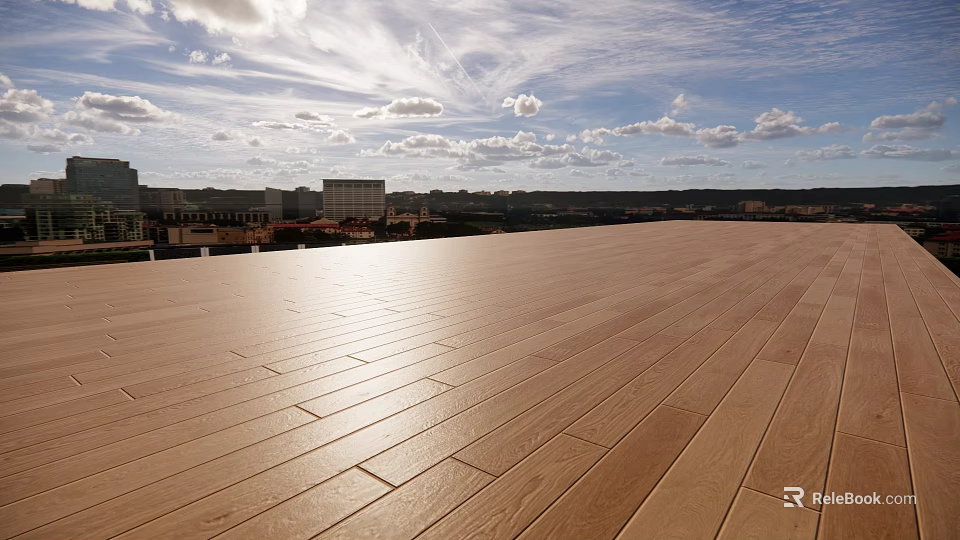 Natural Wooden Flooring With Visible Grain Under Bright Sunlight On Rooftop Terrace 3d model 