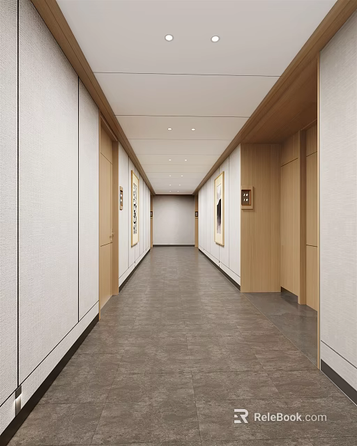 Modern Elegant Hotel Corridor Interior With Recessed Lighting Wooden Doors And Wall Art 3d model 