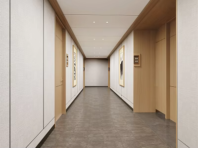 Modern Elegant Hotel Corridor Interior With Recessed Lighting Wooden Doors And Wall Art 3d model