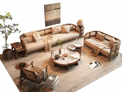 Beige Rattan Sofa and Coffee Table Set with Throw Pillows Blankets and Decorative Items 3d model