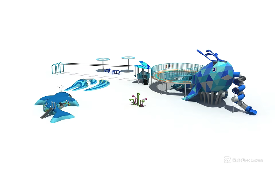 Colorful Whale Shaped Playground Structure With Slide Wave Elements And Plant Decorations 3d model