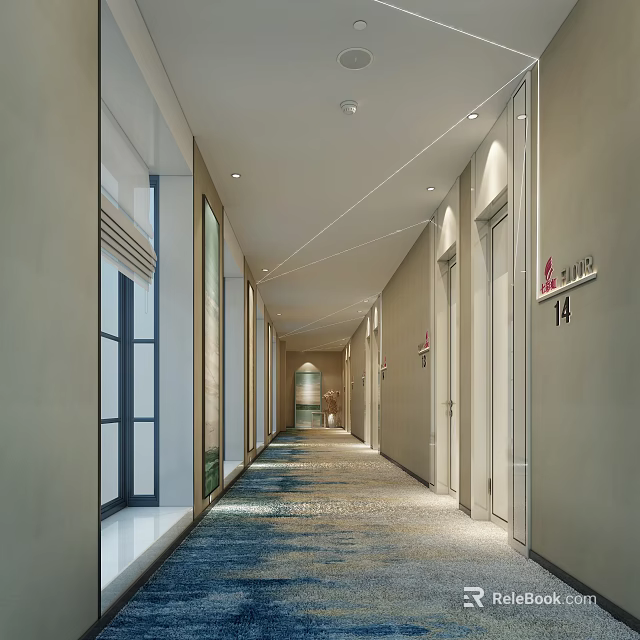 Long Well Lit Hotel Corridor With Room Doors Numbers And Decorative Carpet 3d model 
