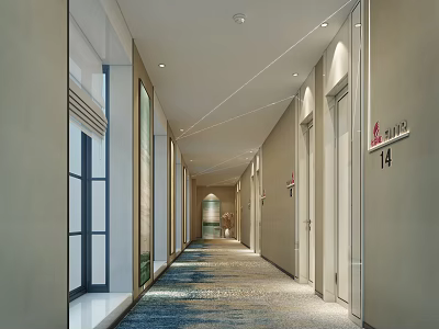 Long Well Lit Hotel Corridor With Room Doors Numbers And Decorative Carpet 3d model