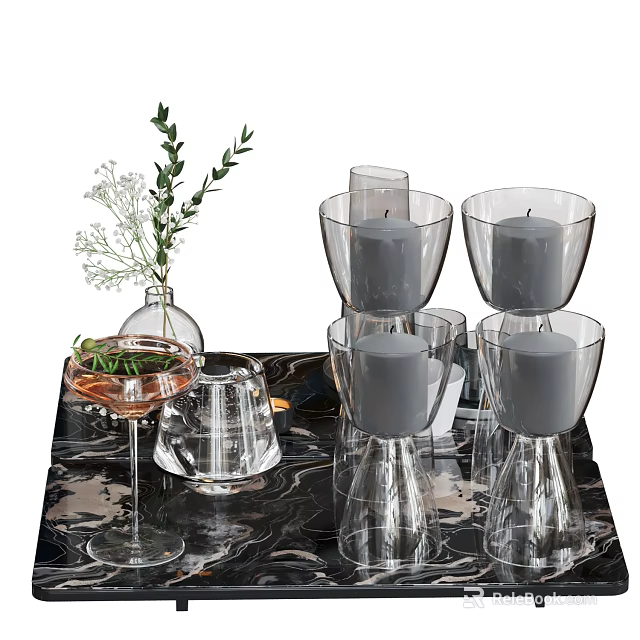 Stylish Glass Decorative Ornament Set With Candle Holders Vase And Greenery On Marble Tabletop 3d model 