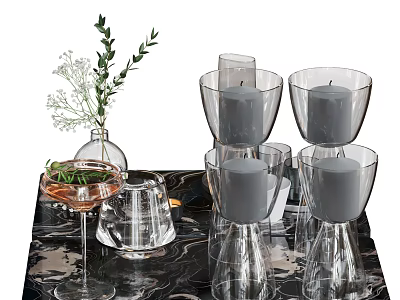 Stylish Glass Decorative Ornament Set With Candle Holders Vase And Greenery On Marble Tabletop 3d model